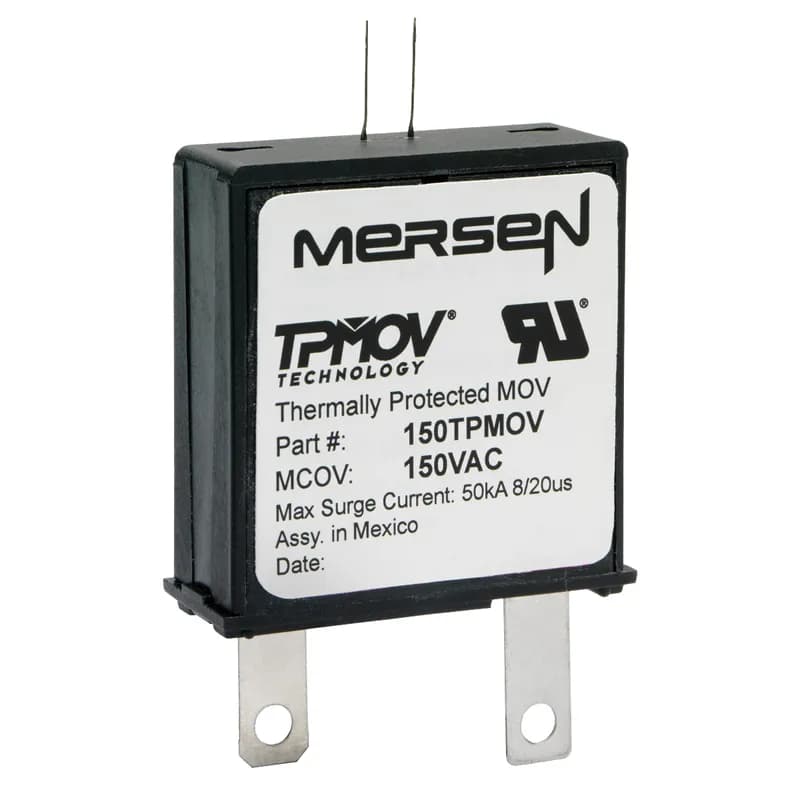Mersen's patented TPMOV® (Thermally Protected Metal Oxide Varistor ) eliminates common destructive failure modes associated with standard MOVs. Comprised of a voltage clamping device and a disconnecting apparatus that monitors the status of the metal oxide disk inside the TPMOV, the device is securely disconnected in the event of an overvoltage by an arc shield. Upon failure, the TPMOV is also equipped with a visual pin indicator as well as a normally open microswitch providing remote indication, if applicable. 150 Volts standard series.
