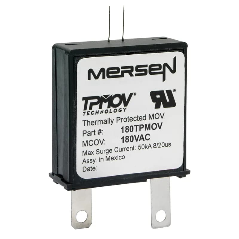 Mersen's patented TPMOV® (Thermally Protected Metal Oxide Varistor ) eliminates common destructive failure modes associated with standard MOVs. Comprised of a voltage clamping device and a disconnecting apparatus that monitors the status of the metal oxide disk inside the TPMOV, the device is securely disconnected in the event of an overvoltage by an arc shield. Upon failure, the TPMOV is also equipped with a visual pin indicator as well as a normally open microswitch providing remote indication, if applicable. 180 Volts standard series.