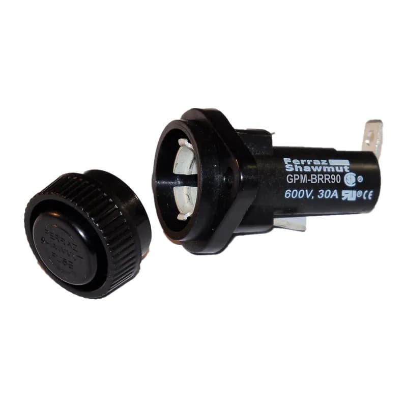 Fuse Block 600VAC 600VDC Class CC 30A 1/4in Quick Connect / Solder 90 angle 1/4 Turn Bayonet Knob Panel Mount