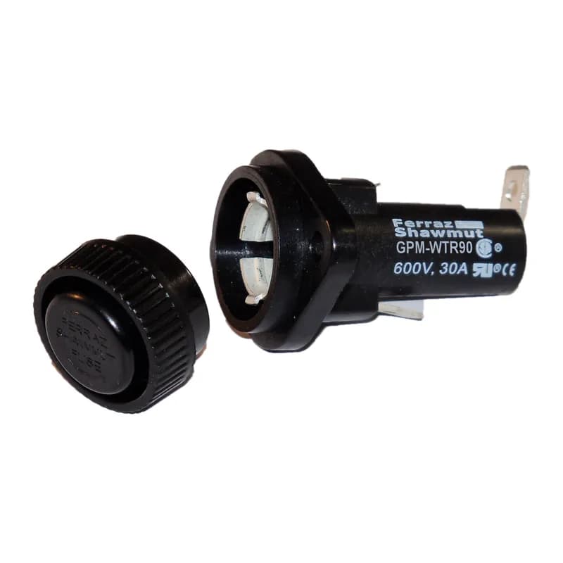 Fuse Block 600VAC 600VDC Class CC 30A 1/4in Quick Connect / Solder 90 angle Water-tight Screw Knob Panel Mount