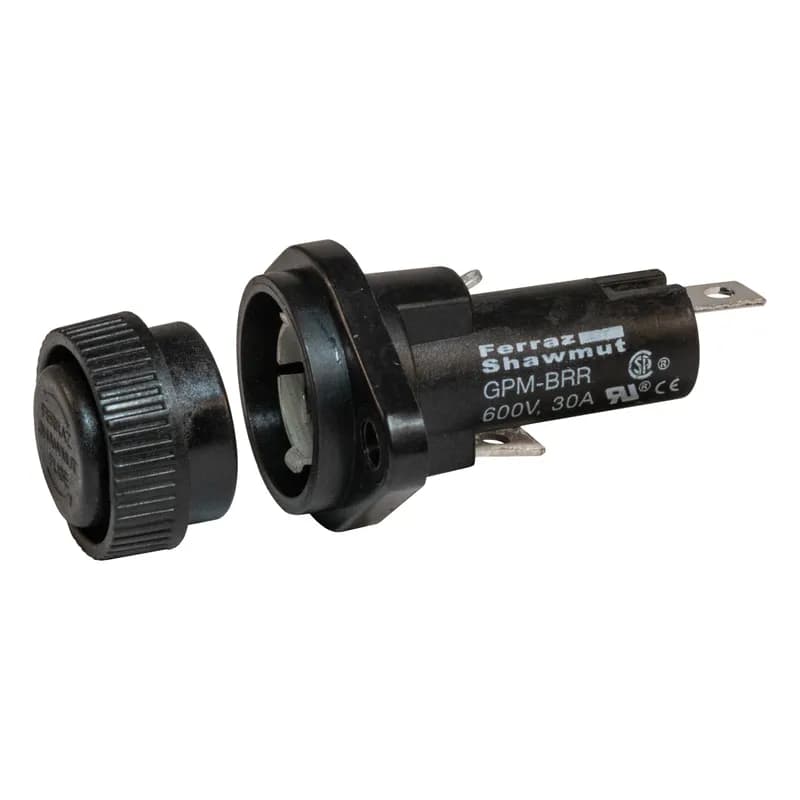 Fuse Block 600VAC 600VDC Class CC 30A 1/4in Quick Connect / Solder 1/4 Turn Bayonet Knob Panel Mount
