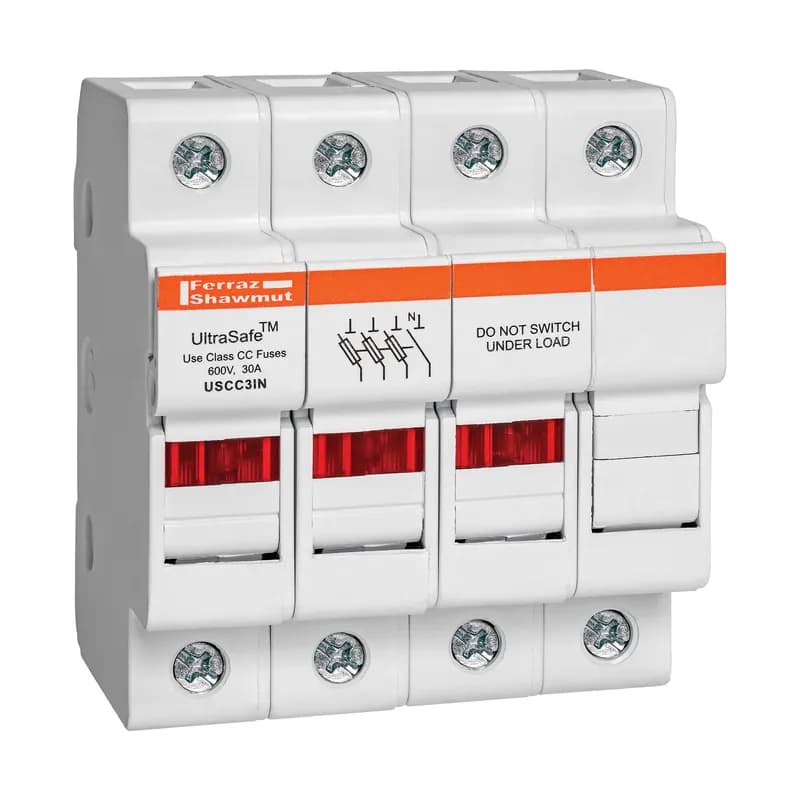 Fuse Holder UltraSafe™ 600VAC 600VDC Class CC 30A 3-Pole+N LED Pressure Plate IP20