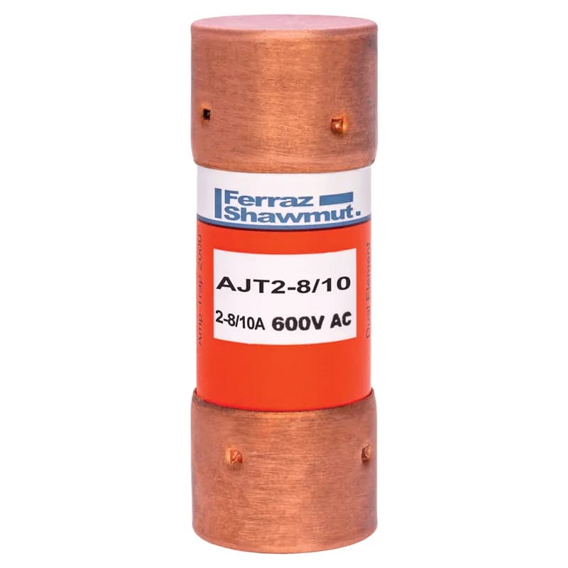 Amp-Trap 2000 time-delay AJT fuses provide IEC Type "2" (No Damage) protection to main, feeder, and branch-circuits, for all types of loads - yet, they require only half the mounting space needed for 600V UL Class RK fuses. Time-delay characteristics handle motor in-rush currents without nuisance trips. Its current-limiting ability and wide range of ratings provide excellent overcurrent protection for all your applications. An optional mechanical blown fuse indicator and Microswitch is available on blade-type (70 to 600A) fuses for visual and/or remote blown fuse indication. 600 Volts 2.8 amps .