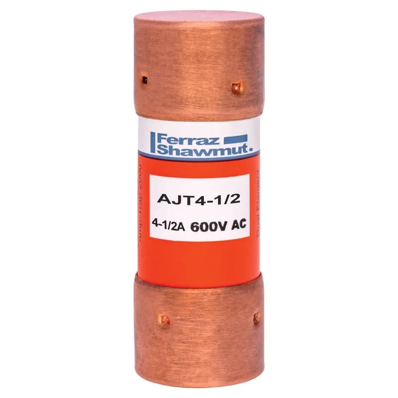 Amp-Trap 2000 time-delay AJT fuses provide IEC Type "2" (No Damage) protection to main, feeder, and branch-circuits, for all types of loads - yet, they require only half the mounting space needed for 600V UL Class RK fuses. Time-delay characteristics handle motor in-rush currents without nuisance trips. Its current-limiting ability and wide range of ratings provide excellent overcurrent protection for all your applications. An optional mechanical blown fuse indicator and Microswitch is available on blade-type (70 to 600A) fuses for visual and/or remote blown fuse indication. 600 Volts 4.5 amps .