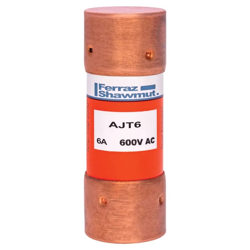 Mersen AJT6 - Amp-Trap 2000 time-delay AJT fuses provide IEC Type "2" (No Damage) protection to main, feeder, and branch-circuits, for all types of loads - yet, they require only half the mounting space needed for 600V UL Class RK fuses. Time-delay characteristics handle motor in-rush currents without nuisance trips. Its current-limiting ability and wide range of ratings provide excellent overcurrent protection for all your applications. An optional mechanical blown fuse indicator and Microswitch is available on blade-type (70 to 600A) fuses for visual and/or remote blown fuse indication. 600 Volts 6 amps .