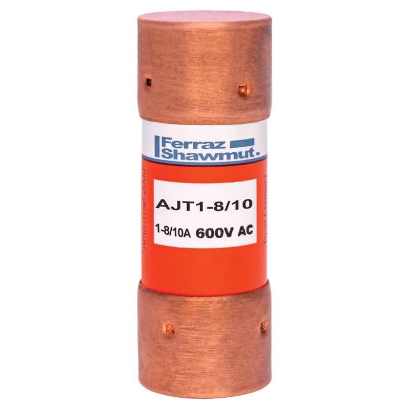 Amp-Trap 2000 time-delay AJT fuses provide IEC Type "2" (No Damage) protection to main, feeder, and branch-circuits, for all types of loads - yet, they require only half the mounting space needed for 600V UL Class RK fuses. Time-delay characteristics handle motor in-rush currents without nuisance trips. Its current-limiting ability and wide range of ratings provide excellent overcurrent protection for all your applications. An optional mechanical blown fuse indicator and Microswitch is available on blade-type (70 to 600A) fuses for visual and/or remote blown fuse indication. 600 Volts 1.8 amps .
