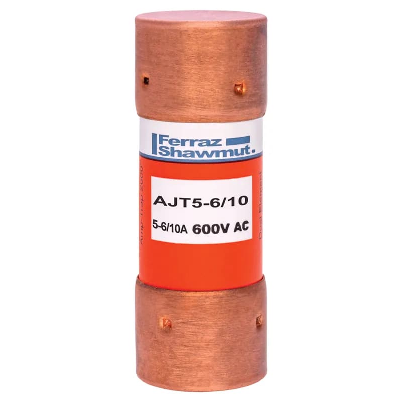 Mersen AJT5-6/10 - Amp-Trap 2000 time-delay AJT fuses provide IEC Type "2" (No Damage) protection to main, feeder, and branch-circuits, for all types of loads - yet, they require only half the mounting space needed for 600V UL Class RK fuses. Time-delay characteristics handle motor in-rush currents without nuisance trips. Its current-limiting ability and wide range of ratings provide excellent overcurrent protection for all your applications. An optional mechanical blown fuse indicator and Microswitch is available on blade-type (70 to 600A) fuses for visual and/or remote blown fuse indication. 600 Volts 5.6 amps .