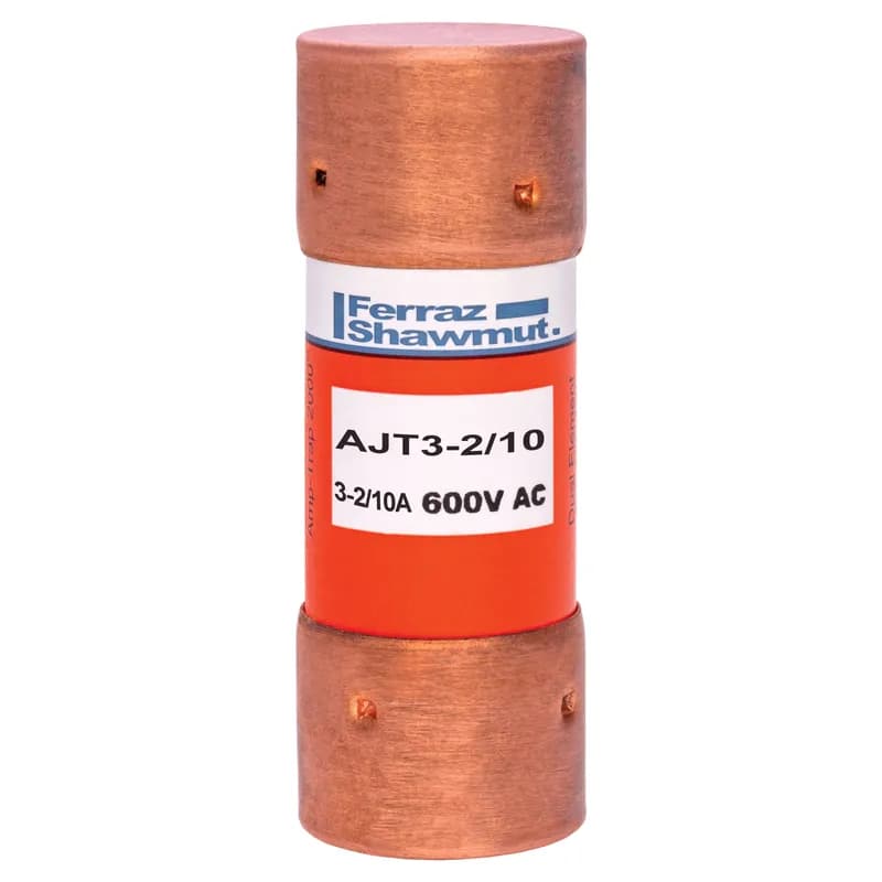 Amp-Trap 2000 time-delay AJT fuses provide IEC Type "2" (No Damage) protection to main, feeder, and branch-circuits, for all types of loads - yet, they require only half the mounting space needed for 600V UL Class RK fuses. Time-delay characteristics handle motor in-rush currents without nuisance trips. Its current-limiting ability and wide range of ratings provide excellent overcurrent protection for all your applications. An optional mechanical blown fuse indicator and Microswitch is available on blade-type (70 to 600A) fuses for visual and/or remote blown fuse indication. 600 Volts 3.2 amps .