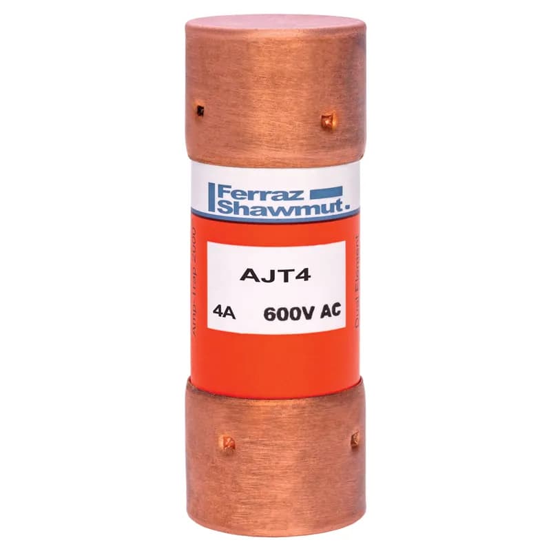 Mersen AJT4 - Amp-Trap 2000 time-delay AJT fuses provide IEC Type "2" (No Damage) protection to main, feeder, and branch-circuits, for all types of loads - yet, they require only half the mounting space needed for 600V UL Class RK fuses. Time-delay characteristics handle motor in-rush currents without nuisance trips. Its current-limiting ability and wide range of ratings provide excellent overcurrent protection for all your applications. An optional mechanical blown fuse indicator and Microswitch is available on blade-type (70 to 600A) fuses for visual and/or remote blown fuse indication. 600 Volts 4 amps .