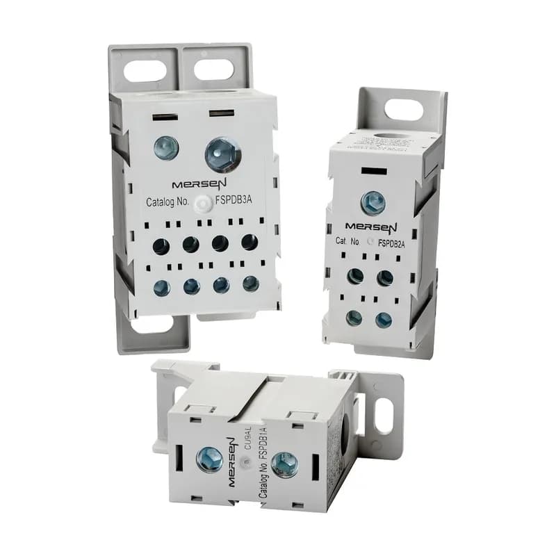 Mersen FSCIM1 - FSPDBs introduce a new level of safety and ease for installing power distribution blocks. An IP20 level of finger safe protection is achieved using the FSPDBs and thus eliminates the need for special covers or custom Plexiglas sheets to protect your panels. FSPDBs (sizes 1 to 4) simply snap onto 35mm DIN rail to provide the quickest installation. And since they are modular, you can form any number of poles desired. If multi-pole panel mounting is desired, multiple-pole assembly pins are available. FSPDBs provide a safe, convenient way of splicing cables, splitting primary power into a variety of secondary circuits or providing a fixed junction tap-off point. size 1 card .
