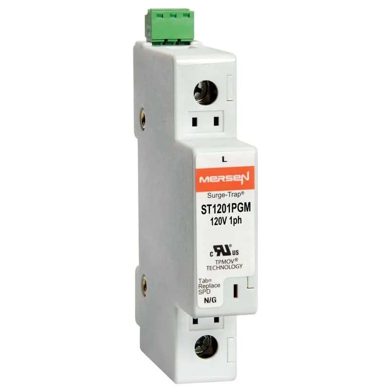 Surge-Trap® Surge Protective Device is a no-fuse surge suppressor. The Surge-Trap is a UL 1449 Third Edition compliant modular style surge protective device that is DIN-rail mountable featuring a fail-safe self-protected design, visual indicator and a small foot print. A remote indicator option provides status to critical control circuit. The Surge-Trap provides advanced overvoltage protection utilizing Mersen's patented TPMOV® technology without additional protection devices. 120 Volts single phase system type with microswitch .