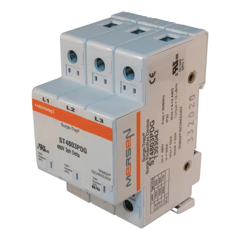 Surge-Trap® Surge Protective Device is a no-fuse surge suppressor. The Surge-Trap is a UL 1449 Third Edition compliant modular style surge protective device that is DIN-rail mountable featuring a fail-safe self-protected design, visual indicator and a small foot print. A remote indicator option provides status to critical control circuit. The Surge-Trap provides advanced overvoltage protection utilizing Mersen's patented TPMOV® technology without additional protection devices. 480 Volts 3P Delta system type without N-G mode .