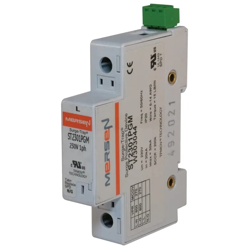 Surge-Trap® Surge Protective Device is a no-fuse surge suppressor. The Surge-Trap is a UL 1449 Third Edition compliant modular style surge protective device that is DIN-rail mountable featuring a fail-safe self-protected design, visual indicator and a small foot print. A remote indicator option provides status to critical control circuit. The Surge-Trap provides advanced overvoltage protection utilizing Mersen's patented TPMOV® technology without additional protection devices. 230 Volts single phase system type with microswitch .
