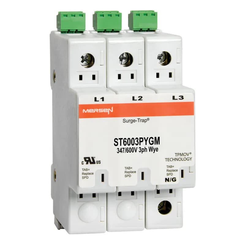 Surge-Trap® Surge Protective Device is a no-fuse surge suppressor. The Surge-Trap is a UL 1449 Third Edition compliant modular style surge protective device that is DIN-rail mountable featuring a fail-safe self-protected design, visual indicator and a small foot print. A remote indicator option provides status to critical control circuit. The Surge-Trap provides advanced overvoltage protection utilizing Mersen's patented TPMOV® technology without additional protection devices. 347/600 Volts 3P Wye system type without N-G mode, with microswitch .