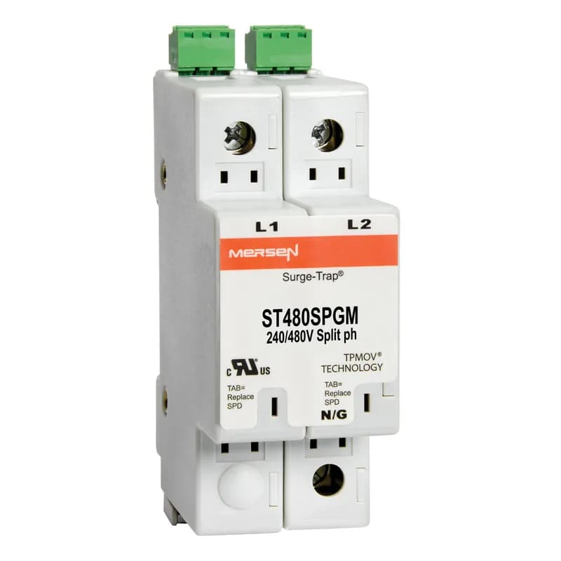 Mersen ST480SPGM - Surge-Trap® Surge Protective Device is a no-fuse surge suppressor. The Surge-Trap is a UL 1449 Third Edition compliant modular style surge protective device that is DIN-rail mountable featuring a fail-safe self-protected design, visual indicator and a small foot print. A remote indicator option provides status to critical control circuit. The Surge-Trap provides advanced overvoltage protection utilizing Mersen's patented TPMOV® technology without additional protection devices. 240/480 Volts split phase system type with microswitch .