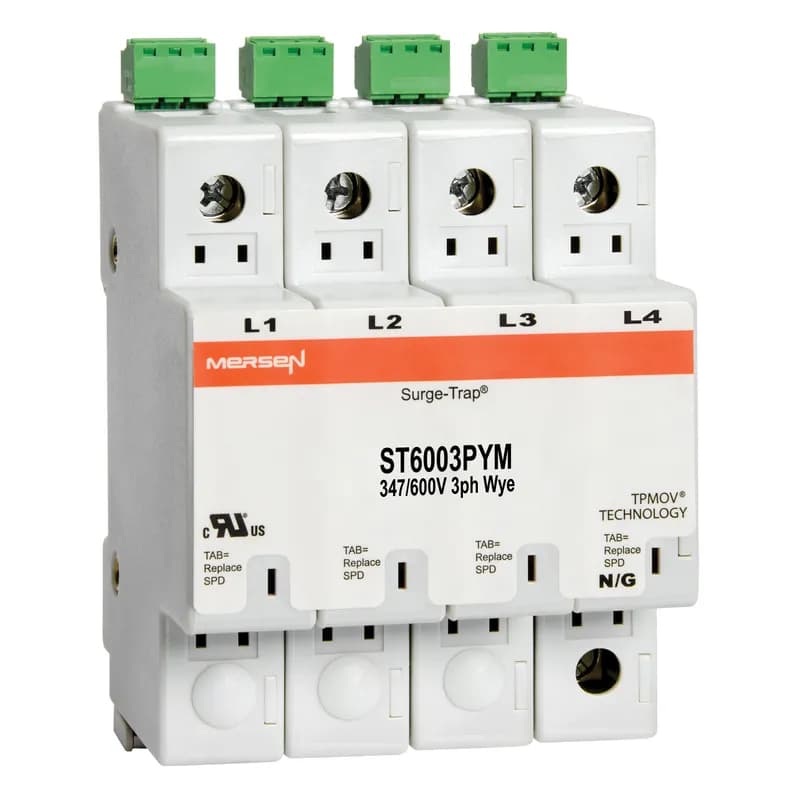 Surge-Trap® Surge Protective Device is a no-fuse surge suppressor. The Surge-Trap is a UL 1449 Third Edition compliant modular style surge protective device that is DIN-rail mountable featuring a fail-safe self-protected design, visual indicator and a small foot print. A remote indicator option provides status to critical control circuit. The Surge-Trap provides advanced overvoltage protection utilizing Mersen's patented TPMOV® technology without additional protection devices. 347/600 Volts 3P Wye system type with microswitch .