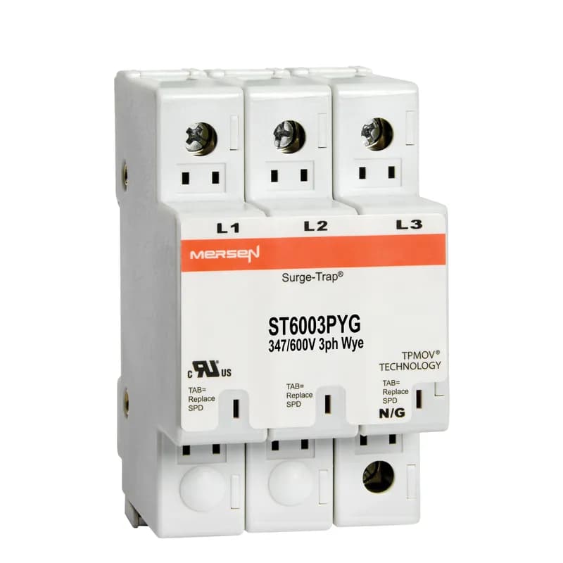 Surge-Trap® Surge Protective Device is a no-fuse surge suppressor. The Surge-Trap is a UL 1449 Third Edition compliant modular style surge protective device that is DIN-rail mountable featuring a fail-safe self-protected design, visual indicator and a small foot print. A remote indicator option provides status to critical control circuit. The Surge-Trap provides advanced overvoltage protection utilizing Mersen's patented TPMOV® technology without additional protection devices. 347/600 Volts 3P Wye system type without N-G mode .
