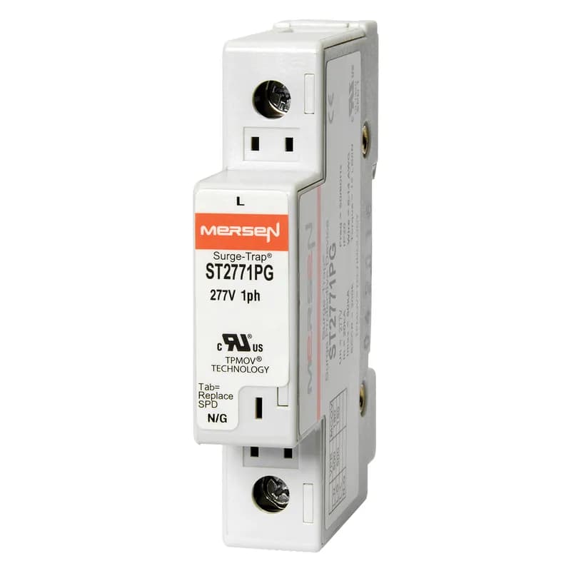 Surge-Trap® Surge Protective Device is a no-fuse surge suppressor. The Surge-Trap is a UL 1449 Third Edition compliant modular style surge protective device that is DIN-rail mountable featuring a fail-safe self-protected design, visual indicator and a small foot print. A remote indicator option provides status to critical control circuit. The Surge-Trap provides advanced overvoltage protection utilizing Mersen's patented TPMOV® technology without additional protection devices. 277 Volts single phase system type .