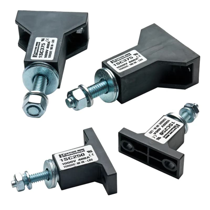 Mersen 1SC and 1MSC semiconductor fuse blocks feature modular mounting that offers greater flexibility in adjusting to various fuse lengths. Both stud type and integral box connector versions are offered to allow for user preference of wire terminations. The integral box connector versions also provide for greater heat dissipation. All modular blocks are supplied in pairs but need to be ordered as two items to suit one fuse. Mounting hardware is supplied with the blocks 2500 Volts 400 Amps .25 inch series.