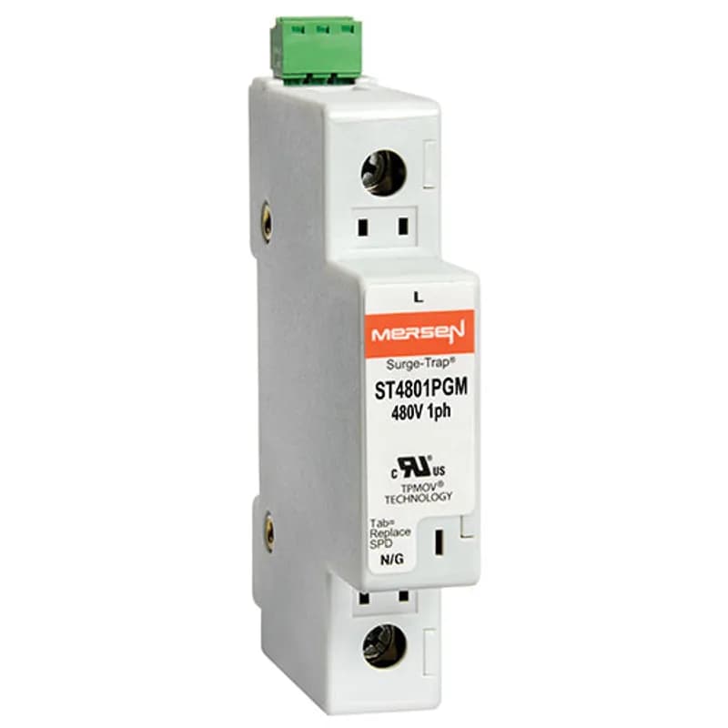 Surge-Trap® Surge Protective Device is a no-fuse surge suppressor. The Surge-Trap is a UL 1449 Third Edition compliant modular style surge protective device that is DIN-rail mountable featuring a fail-safe self-protected design, visual indicator and a small foot print. A remote indicator option provides status to critical control circuit. The Surge-Trap provides advanced overvoltage protection utilizing Mersen's patented TPMOV® technology without additional protection devices. 480 Volts single phase system type with microswitch .