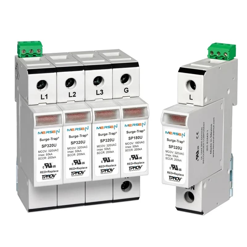 Mersen SP420U - Surge-Trap® Pluggable SPD provides advanced overvoltage protection. Utilizing Mersen's patented TPMOV® design, which does not require fuses, a fuse holder or additional wiring in meeting the UL 1449 Third Edition standards thus providing substantial cost savings and reduced installation times. It also features a visual indicator, easy installation, fail-safe design, mechanical coding and remote monitoring. The Surge-Trap Pluggable SPD base is designed to be mounted on 35mm DIN-rail while plugs are easily replaceable upon failure without touching the base or the hassle of rewiring. 420 Volts, UL Plug .