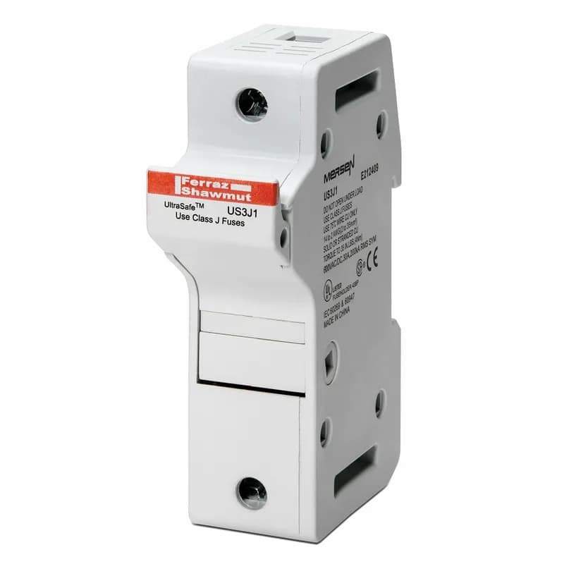 Mersen US6JPAK - Mersen UltraSafe modular class J fuseholders introduce a new level of safety and ease for installing or replacing class J fuses. UltraSafe fuseholders qualify as finger-safe to an IP20 grade of protection under IEC standards. The US3J accommodates 30A class J or IEC cylindrical 22x58mm fuses. The US6J accommodates 60A class J. UltraSafe fuseholders are available in compact 1, 2, or 3-pole units, with or without visual blown fuse indication. Multiple poles can be assembled in the field by ordering and installing pin-tie handles. US3J and US6J fuseholders can be mounted on 35mm DIN-rail. Body material is a tough and durable polyamide. 60A size pin tie kit series.