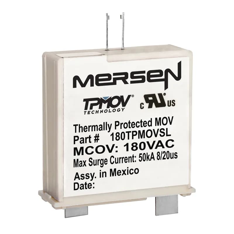 Mersen's patented TPMOV® (Thermally Protected Metal Oxide Varistor ) eliminates common destructive failure modes associated with standard MOVs. Comprised of a voltage clamping device and a disconnecting apparatus that monitors the status of the metal oxide disk inside the TPMOV, the device is securely disconnected in the event of an overvoltage by an arc shield. Upon failure, the TPMOV is also equipped with a visual pin indicator as well as a normally open microswitch providing remote indication, if applicable. 180 Volts Short Leads no indication series.