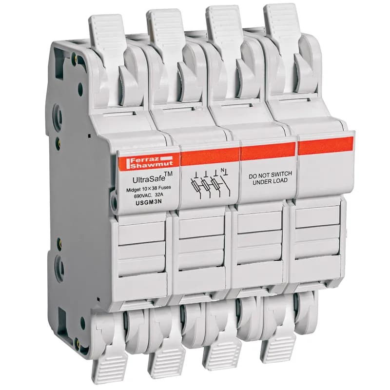 Mersen USGM3N - Fuse Holder UltraSafe™ 750VAC 1000VDC Midget 30A 3-Pole+N Cage Clamp IP20