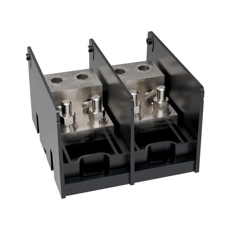 Open-Style PDB UL 1953 1000V 250A Tin-plated Aluminum - 310A 2-Pole 2 - 1 openings; 500-#4 --- 3/8-16 x 1 Box to Stud