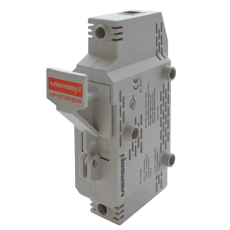 Mersen HP15FHP80W - Mersen's HP15FHP80W fuse holders are engineered for enhanced safety in utility-scale photovoltaic applications requiring higher amperage. Designed for 1500VDC and 20x65mm PV fuses, these holders offer finger-safe (IP20) protection with a rotating fuse carrier, similar to Mersen's UltraSafe® line. The HP15FHP80 series provides two configurations to meet global installation needs. One option accepts standard PV rated wiring and comb bus bars for versatile end-use connections. The other accommodates wire and bus bar terminations. Constructed from high-performance UL 94 V-0 rated polymer, these fuse holders exhibit superior flammability resistance, exceptional durability, and robust dielectric withstand properties. SKU: HP15FHP80W. Manufacturer: Mersen. Country of Origin: US.