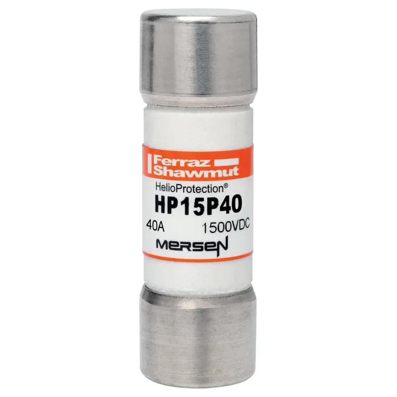 Mersen HP15P40 is a 1500VDC photovoltaic (PV) fuse designed for high-amperage PV circuits. Rated at 40A with a 20x65mm form factor, it handles harsh thermal and cyclical loads in off-grid or grid-tied PV systems. Features low minimum breaking capacity (1.35x rated current) for safe interruption under low fault conditions. Available with standard ferrule terminals or crimp cap terminals for in-line applications. Part of Mersen’s HelioProtection® line, ensuring reliable protection for PV string/array level and combiner box applications.