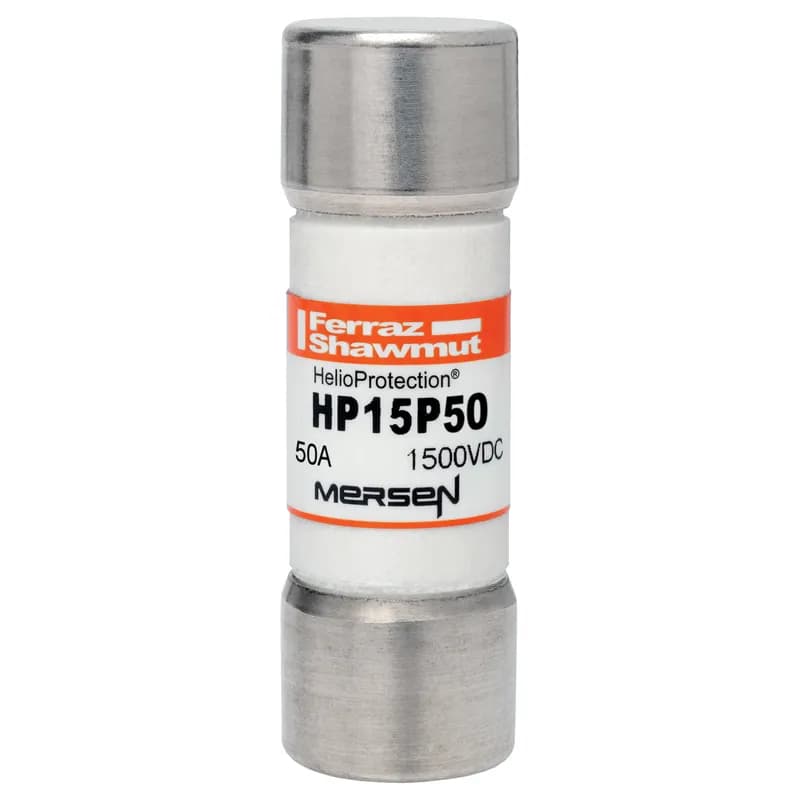 Mersen HP15P50 - Mersen's HP15P50 photovoltaic (PV) fuse, SKU HP15P50, is engineered for robust protection in 1500VDC solar systems. This 20x65mm fuse series, part of the HelioProtection® line, addresses the higher amperage demands of contemporary PV circuits. Designed to withstand harsh cyclical loads and thermal conditions, it ensures reliable operation in demanding applications. The HP15P50 features a low minimum breaking capacity of 1.35 times its rated current, enabling safe interruption of typical low fault currents encountered in PV arrays. Available with standard ferrule terminals or optional Crimp Cap (CC) terminals for solderless, in-line fuse connections and overmold encapsulation, this fuse offers installation flexibility. Its durable construction contributes to enhanced system longevity and guaranteed operation at temperature extremes. The HP15P50 is UL Listed to Standard UL 248-19 and CSA Component Certified C22.2, with IEC 60269-6 compliance (excluding 65A). Applications include PV string/array level protection, combiner boxes, inverters, and battery charge controllers. Protect your off-grid or grid-tied PV system from unexpected line and ground faults with Mersen's specialized PV fuse solutions.