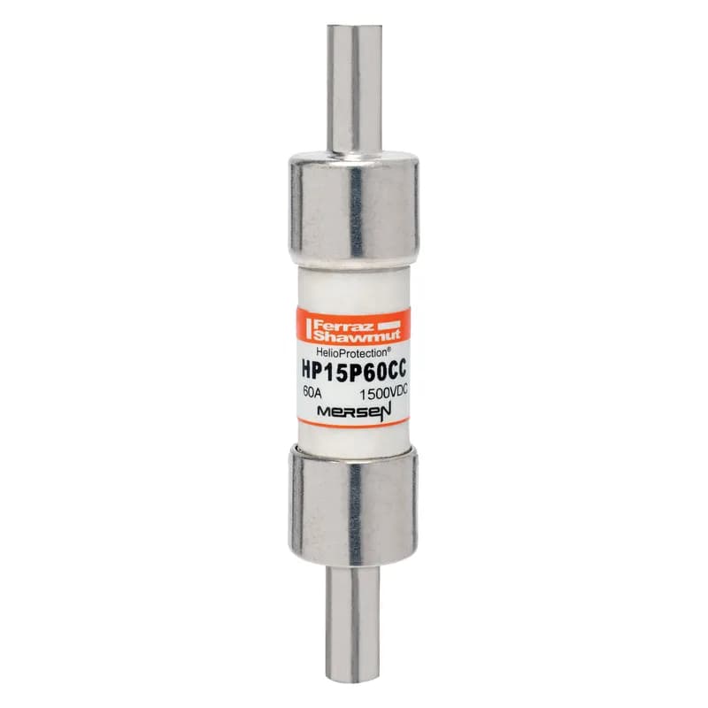 Mersen HP15P60CC is a 1500VDC photovoltaic (PV) fuse rated at 60A, designed for high-amperage PV circuits. Part of Mersen’s HelioProtection® line, it features a 20x65mm form factor to withstand harsh thermal and cyclical loads in off-grid or grid-tied PV systems. The Crimp Cap terminal (CC option) enables solderless wire-to-fuse connections for overmold encapsulation, ensuring reliable protection against ground faults and string faults. Rated for 50kA breaking capacity and a minimum breaking capacity of 1.35xIn, this UL2579-listed fuse meets the demands of utility-scale and residential PV applications.
