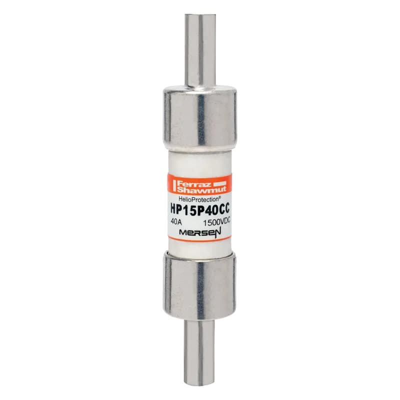 Mersen HP15P40CC - The Mersen HP15P40CC is a 1500VDC photovoltaic (PV) fuse designed for higher amperage demands in PV circuits. This 20x65mm fuse is built to withstand harsh cyclical loads and thermal conditions, making it suitable for high-amperage applications. It features a low minimum breaking capacity of 1.35 times the fuse rated current for safe interruption under typical low fault conditions. The HP15P40CC includes Crimp Cap terminals (CC option) for solderless wire-to-fuse connection, ideal for overmold encapsulation. Protect your grid-tied or off-grid PV systems from unexpected line faults with Mersen's HelioProtection® fuse line. SKU: HP15P40CC. Country of Origin: US.