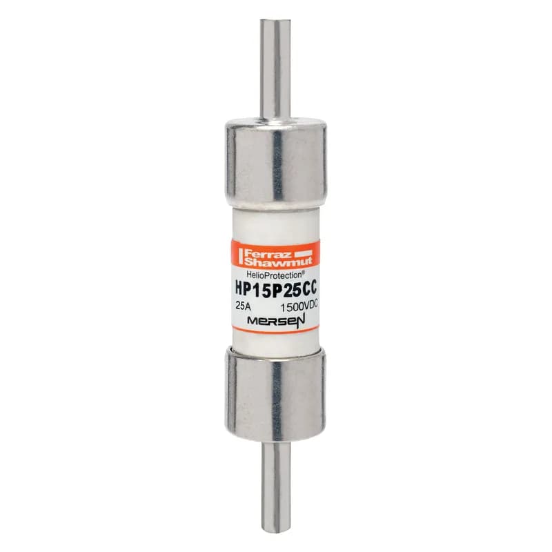 Mersen HP15P25CC is a 1500VDC photovoltaic fuse designed for high-amperage PV circuits. Rated at 25A with a 20x65mm form factor, it handles harsh thermal and cyclical loads in off-grid or grid-tied systems. Features low minimum breaking capacity (1.35x rated current) for safe interruption under low fault conditions. Available with Crimp Cap terminals for solderless wire connections and overmold encapsulation. Part of Mersen’s HelioProtection® line, ensuring reliable protection for PV string wiring, combiner boxes, and inverters.