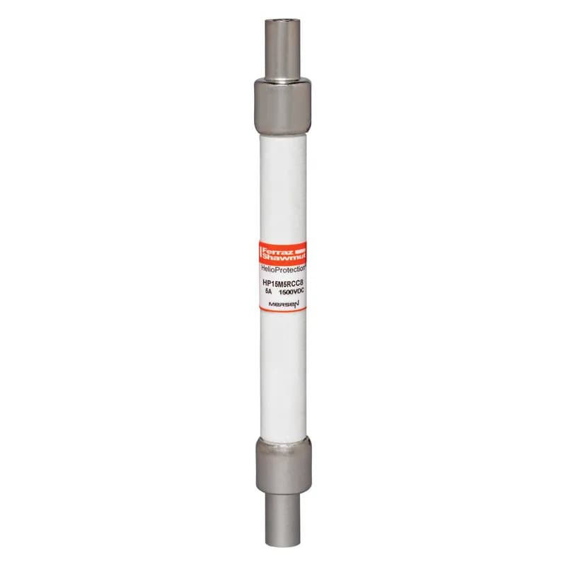 Mersen HP15M5RCC8 - Mersen's HP15M5RCC8 is a 1500VDC photovoltaic (PV) fuse from the GEN2 HelioProtection® series. Designed to withstand severe temperature and current cycling in PV systems, this fuse offers enhanced reliability through stringent cycle testing. It features a low minimum breaking capacity of 1.35 times the fuse rated current, ensuring safe interruption of typical low fault currents. The HP15M5RCC8 includes Crimp Cap terminals for solderless, in-line fuse applications, ideal for overmold encapsulation of fuse and wiring. Protect your off-grid or grid-tied PV systems from unexpected line faults with this Mersen fuse.