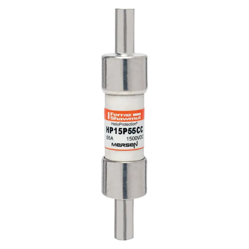 The Mersen HP15P55CC is a 1500VDC photovoltaic (PV) fuse designed for higher amperage demands in PV circuits. This 20x65mm fuse from Mersen's HelioProtection® line is built to withstand harsh cyclical loads and thermal conditions. It features a low minimum breaking capacity of 1.35 times the rated current, ensuring safe interruption under typical low fault conditions. The HP15P55CC is available with Crimp Cap (CC) terminals, enabling solderless wire-to-fuse connections for overmold encapsulation, ideal for in-line PV module protection. Protect your off-grid or grid-tied PV systems from unexpected line faults with this durable and globally accepted solution. SKU: HP15P55CC.