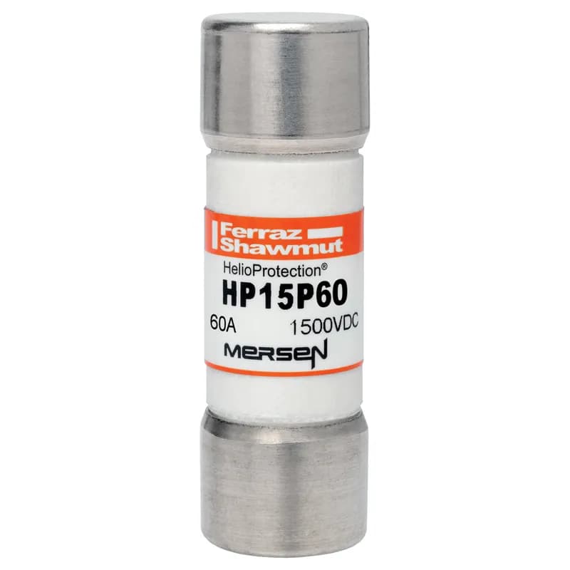 Mersen HP15P60 is a 1500VDC photovoltaic fuse rated for 60A, designed for high-amperage PV circuits. Part of Mersen’s HelioProtection® line, it meets UL2579 and IEC60269-6 standards with a 50kA interrupting rating. The 20x65mm form factor withstands harsh thermal cycling and cyclical loads common in PV systems. Features low minimum breaking capacity (1.35xIn) for safe interruption under low fault currents. Available with standard ferrule or Crimp Cap terminals (CC suffix) for in-line applications. Protects off-grid and grid-tied PV systems from ground faults and string faults.