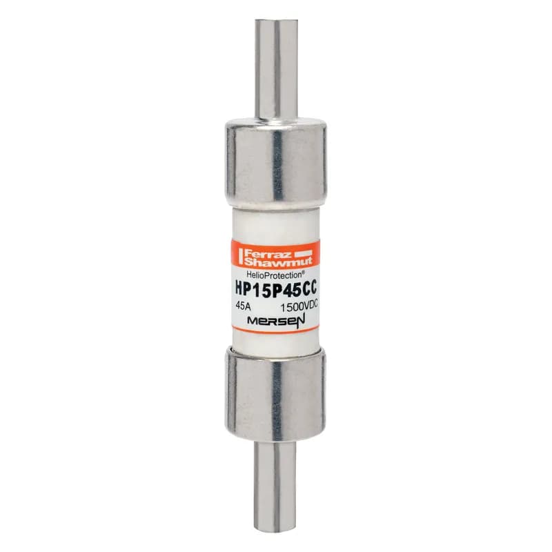 The Mersen HP15P45CC is a 1500VDC photovoltaic (PV) fuse designed for high amperage PV circuits. This 20x65mm fuse series handles demanding cyclical loads and thermal conditions. It features a low minimum breaking capacity of 1.35 times the rated current for safe interruption of typical low fault currents. The 'CC' option provides Crimp Cap terminals for solderless, overmold-encapsulated wire-to-fuse connections, ideal for in-line PV module protection. Protect your grid-tied or off-grid PV systems from unexpected line faults with Mersen's HelioProtection® fuse line. SKU: HP15P45CC. Manufacturer: Mersen. Country of Origin: US.