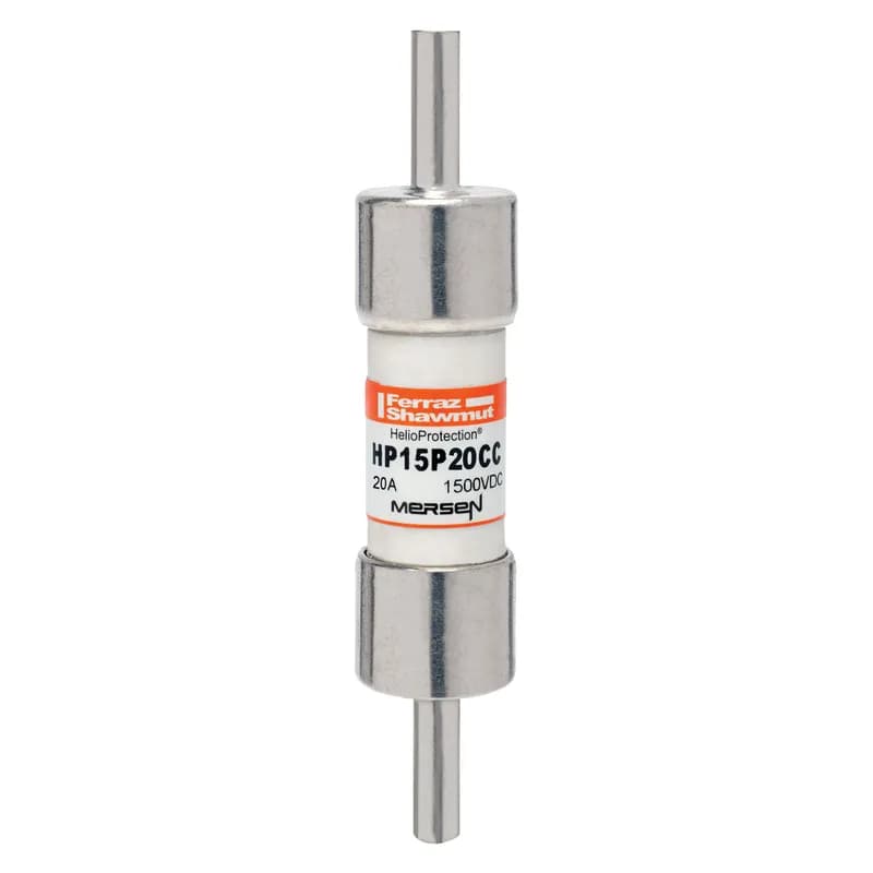 The Mersen HP15P20CC is a 1500VDC photovoltaic (PV) fuse designed for higher amperage demands in PV circuits. This 20x65mm fuse from Mersen's HelioProtection® line is engineered to withstand harsh cyclical loads and thermal conditions common in high-amperage PV applications. It features a low minimum breaking capacity of 1.35 times the fuse rated current, ensuring safe interruption under typical low fault current conditions. The 'CC' option signifies Crimp Cap terminals, enabling solderless wire-to-fuse connections for overmold encapsulation, ideal for in-line fuse applications. Protect your off-grid or grid-tied PV system from unexpected line faults with this durable and reliable fuse. SKU: HP15P20CC. Country of Origin: US.