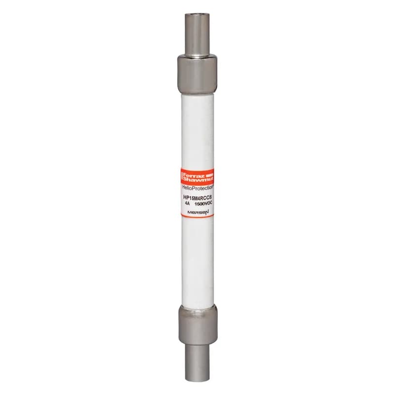 The Mersen HP15M4RCC8 is a 1500VDC photovoltaic (PV) fuse from the GEN2 HP15M series, engineered for the demanding thermal and current cycling conditions of solar power systems. This fuse offers enhanced reliability through stringent cycle testing and features a low minimum breaking capacity of 1.35 times its rated current, ensuring safe interruption of typical low fault currents. The HP15M4RCC8 variant includes Crimp Cap (CC) terminals, facilitating solderless, overmold-encapsulated wire-to-fuse connections for in-line applications. Protect your grid-tied or off-grid PV systems from line faults with Mersen's HelioProtection® fuse line. SKU: HP15M4RCC8. Country of Origin: US.