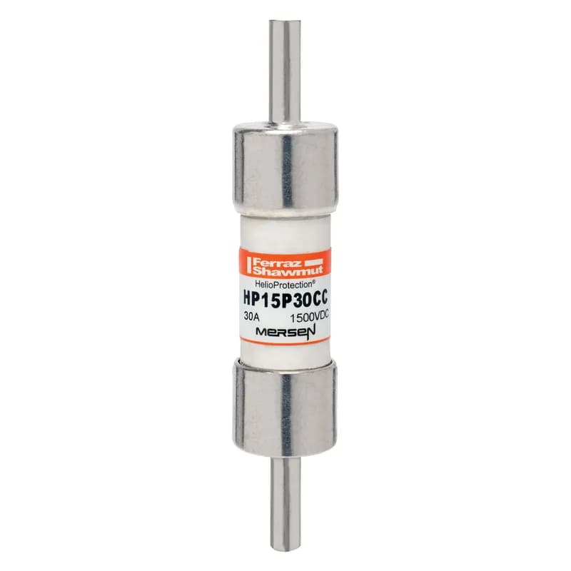 Mersen's HP15P30CC is a 1500VDC, 30A photovoltaic fuse from the HelioProtection® PV Fuse Series, engineered for high amperage demands in modern PV circuits. This 20x65mm fuse is designed to withstand harsh cyclical loads and thermal conditions, making it ideal for demanding PV applications. It features low minimum breaking capacity capabilities of 1.35 times the fuse rated current, ensuring safe circuit interruption under typical low fault current conditions. The HP15P30CC is available with a Crimp Cap terminal (CC option), facilitating solderless wire-to-fuse connections for overmold encapsulation. This feature simplifies installation and enhances reliability in in-line fuse applications. Protect your off-grid or grid-tied PV system from unexpected line faults with Mersen's reliable HelioProtection® fuse line. The HP15P30CC is manufactured in the US and is suitable for applications requiring robust protection against electrical faults in photovoltaic systems. Its durable construction ensures enhanced system longevity and guaranteed operation at temperature extremes. This fuse series is UL Listed to Standard UL 248-19 and CSA Component Certified C22.2, with IEC 60269-6 compliance, meeting global standards for photovoltaic protection. Recommended fuse holders include Mersen's HP15FHM32A, HP15FHM32B, and US15M1HEL.