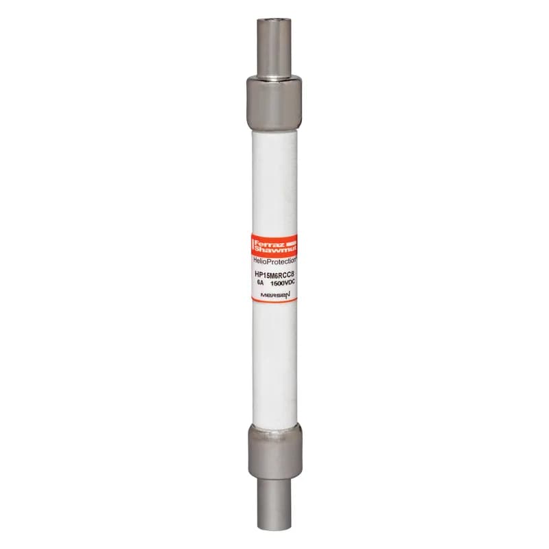 Mersen’s GEN2 HP15M6RCC8 photovoltaic (PV) fuse is engineered for harsh PV system environments. Rated at 1500VDC, these fuses meet severe temperature and current cycling demands with enhanced reliability through stringent cycle testing. Designed for low minimum breaking capacity (1.35x rated current), they safely interrupt circuits under typical low fault conditions. Available with standard ferrule terminals or Crimp Cap (CC) terminals for in-line fuse applications, the CC option enables solderless wire-to-fuse connections for overmold encapsulation. Part of Mersen’s HelioProtection® line, these fuses protect off-grid and grid-tied PV systems from unexpected line faults. SKU: HP15M6RCC8. Manufacturer: Mersen (US).