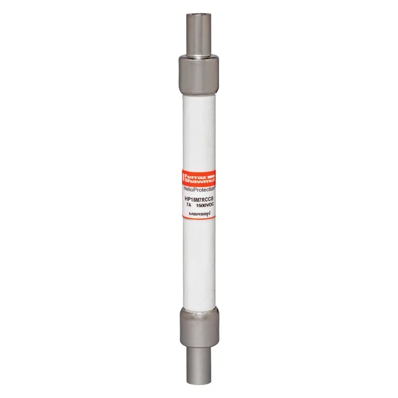Mersen HP15M7RCC8-B - The Mersen HP15M7RCC8-B is a GEN2 photovoltaic (PV) fuse designed for severe temperature and current cycling in PV systems. It offers enhanced reliability through stringent cycle testing and operates at 1500VDC. This fuse features low minimum breaking capacity capabilities of 1.35 times the rated current, ensuring safe interruption under typical low fault conditions. Available with standard ferrule or Crimp Cap terminals for in-line applications, the Crimp Cap option allows for solderless wire-to-fuse connections for overmold encapsulation. Protect your off-grid or grid-tied PV system from unexpected line faults with Mersen's HelioProtection® fuse line. SKU: HP15M7RCC8-B. Manufacturer: Mersen.