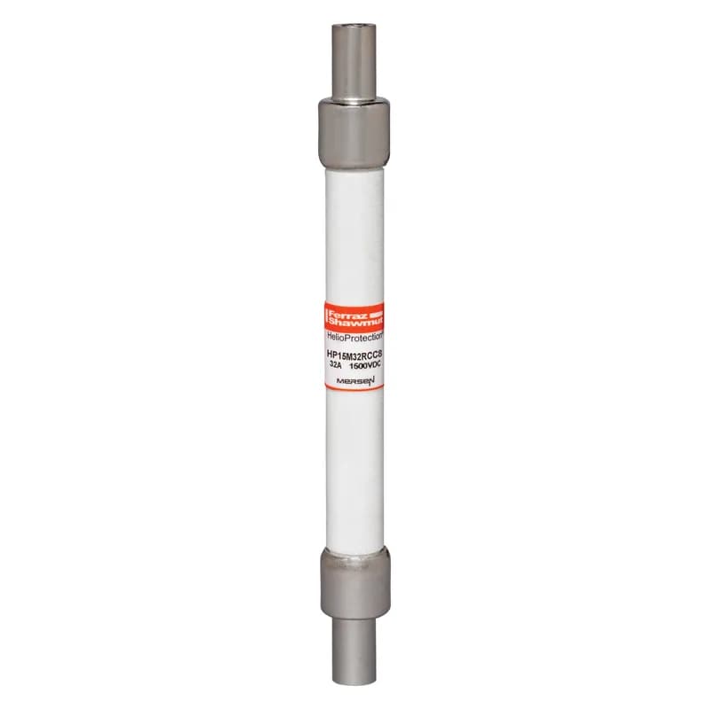 Mersen's GEN2 HP15M photovoltaic (PV) fuse series, SKU HP15M32RCC8-B, is engineered for the demanding conditions of PV systems. These 1500VDC rated fuses offer enhanced reliability through stringent cycle testing, specifically addressing severe temperature and current cycling. They feature a low minimum breaking capacity of 1.35 times the fuse rated current, ensuring safe interruption during typical low fault currents. The Crimp Cap (CC) terminal option allows for solderless, in-line fuse connections ideal for overmold encapsulation. Protect your grid-tied or off-grid PV systems from line faults with Mersen's HelioProtection® fuse line.
