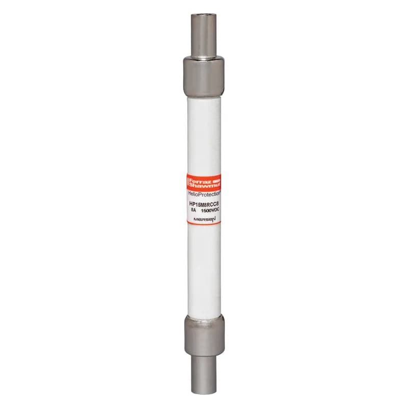 Mersen HP15M8RCC8 - The Mersen HP15M GEN2 photovoltaic (PV) fuse series, specifically the HP15M8RCC8 model, offers robust protection for solar energy systems. Engineered to withstand the severe temperature and current cycling inherent in PV applications, this 8A, 1500VDC rated fuse provides enhanced reliability through stringent cycle testing. Its low minimum breaking capacity of 1.35 times the fuse rated current ensures safe circuit interruption even under typical low fault current conditions. The HP15M8RCC8 features a Crimp Cap terminal, facilitating solderless wire-to-fuse connections ideal for overmold encapsulation in in-line fuse applications. This design ensures secure and efficient integration within your off-grid or grid-tied PV system. Protect your valuable solar infrastructure from unexpected line faults with Mersen's HelioProtection® fuse line, designed for critical safety and operational integrity. SKU: HP15M8RCC8. Manufacturer: Mersen. Series: HP15M GEN2. Connection Type: Crimp Cap. Country of Origin: US.