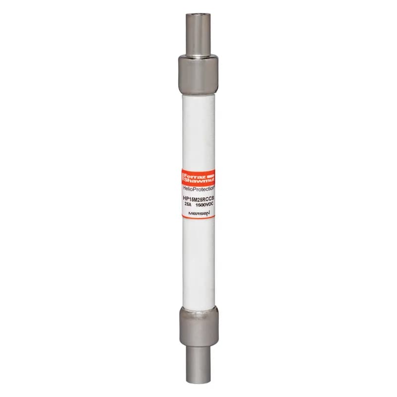 The Mersen HP15M25RCC8-B is a 1500VDC photovoltaic (PV) fuse from the GEN2 HP15M series, engineered for the demanding thermal and current cycling conditions inherent in PV systems. This fuse offers enhanced reliability through stringent cycle testing. With a low minimum breaking capacity of 1.35 times its rated current (25A), it ensures safe circuit interruption during typical low fault current scenarios. The HP15M25RCC8-B features Crimp Cap terminals, facilitating solderless wire-to-fuse connections ideal for overmold encapsulation of fuse and wiring in in-line applications. This design simplifies installation and improves system integrity. Protect your off-grid or grid-tied PV systems from unexpected line faults with Mersen’s HelioProtection® fuse line. The 10x85mm size and 1500VDC rating make it suitable for a wide range of solar installations. Manufactured in the US, this fuse provides dependable protection for your solar energy infrastructure.