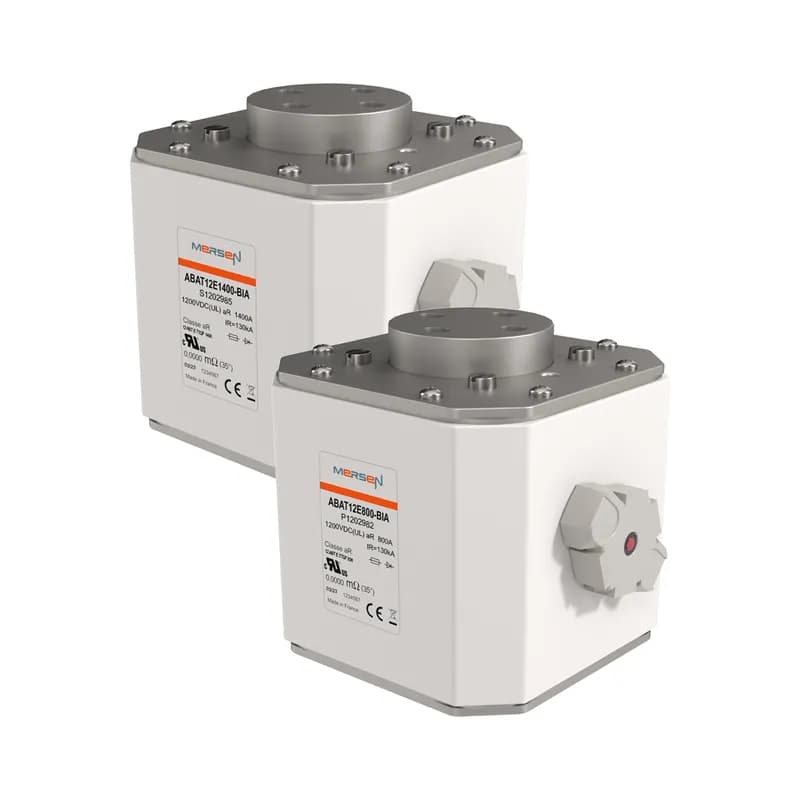 The Mersen ABAT12E fuse series (SKU: R1202984) provides robust DC power protection for critical applications such as battery containers and inverters. Engineered for 1200 VDC systems, these fuses offer current ratings spanning from 800A to 1800A, ensuring compatibility with a wide range of DC power configurations. The ABAT12E fuses are designed to deliver a high interrupting rating, effectively clearing fault currents to safeguard equipment. They also minimize power loss, contributing to system efficiency. This range is UL recognized, assuring adherence to stringent safety and performance standards. Mersen's commitment to electrical power expertise is evident in the reliable protection offered by the ABAT12E series, making it a dependable choice for demanding DC applications. Proudly distributed by Gross Automation.