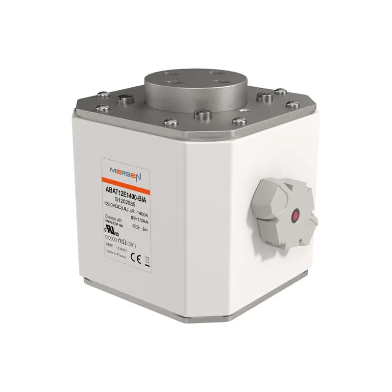The Mersen ABAT12E fuse (SKU: S1202985) is engineered for high-performance DC applications, specifically protecting battery containers and inverters. Designed for 1200VDC systems, this fuse offers current ratings from 800A to 1800A. It features a high Max. Interrupting Rating and limited power loss, ensuring reliable operation. The ABAT12E range is UL recognized, providing assurance of quality and safety. Manufactured by Mersen in the US, these fuses are built for demanding DC power protection needs.