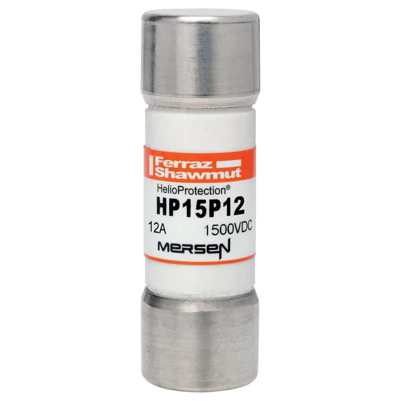 The Mersen HP15P12 is a 1500VDC photovoltaic (PV) fuse, specifically designed for higher amperage demands in PV circuits. This 20x65mm fuse series from Mersen is built to withstand the harsh cyclical loads and thermal conditions found in demanding PV applications. It features a low minimum breaking capacity of 1.35 times the fuse rated current, ensuring safe interruption under typical low fault current conditions. The HP15P12 model includes Crimp Cap terminals for solderless, in-line fuse connections, ideal for overmold encapsulation of fuse and wiring. Protect your grid-tied or off-grid PV systems from unexpected line faults with Mersen's HelioProtection® fuse line. SKU: HP15P12. Country of Origin: US.